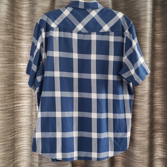 Men's Dickies Button Up Collared Short Sleeve Blue & White Plaid Shirt - Picture 2 of 6